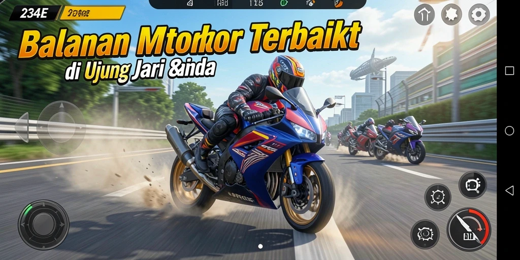 Screenshot gameplay <strong>234E</strong> menampilkan aksi balapan motor yang mendebarkan.