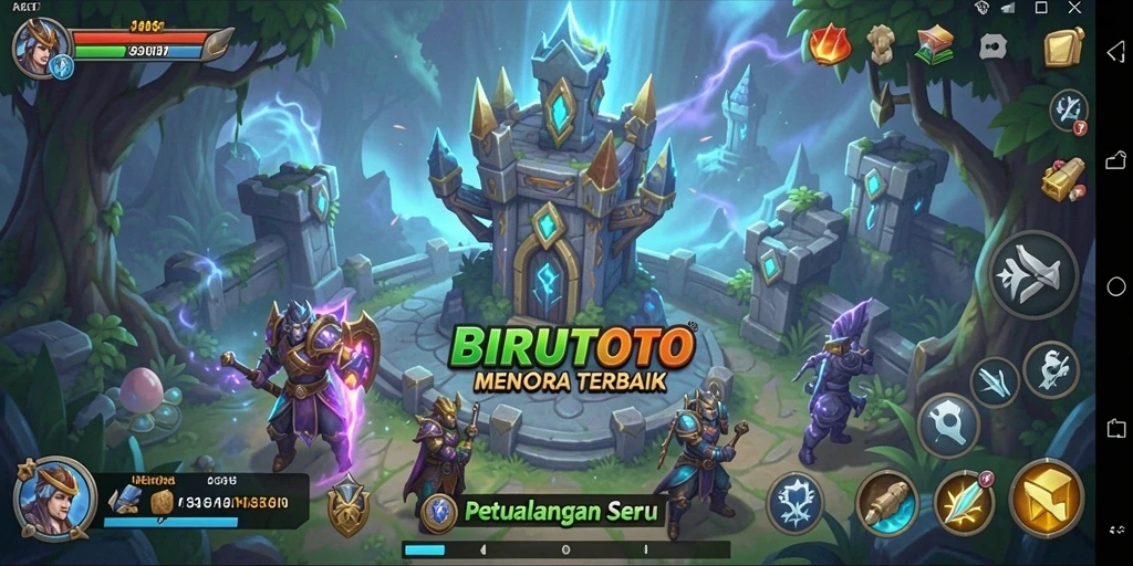 Tangkapan layar BIRUTOTO dengan tampilan menara pertahanan yang epik.