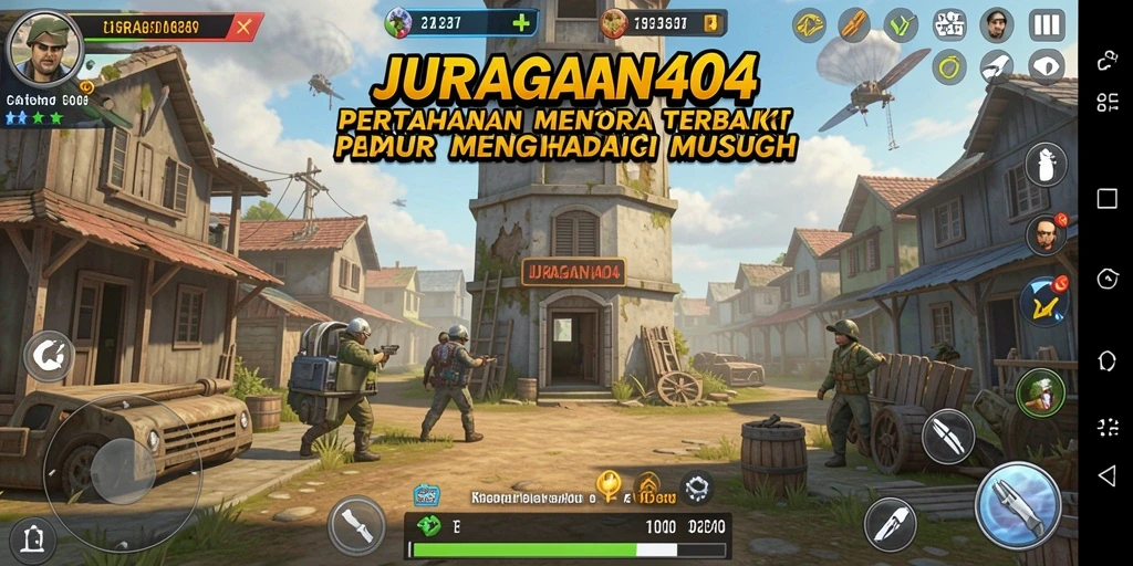 Screenshot JURAGAN404 menampilkan aksi menara pertahanan melawan musuh yang beragam.