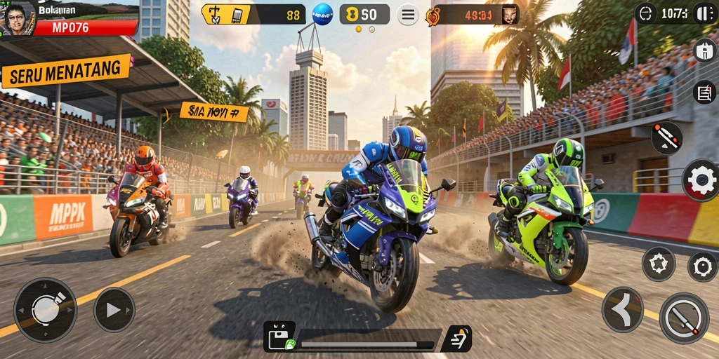 Gameplay seru dalam balapan motor yang mendebarkan.