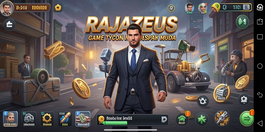 Tampilan gameplay seru di RAJAZEUS dengan berbagai pilihan strategi bisnis.