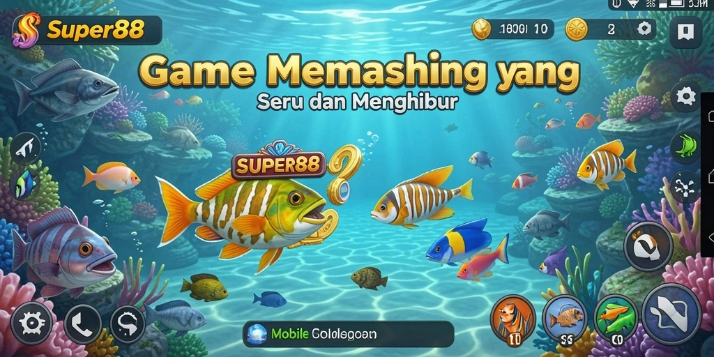 Screenshot gameplay SUPER88 menampilkan aksi memancing seru di laut yang indah.